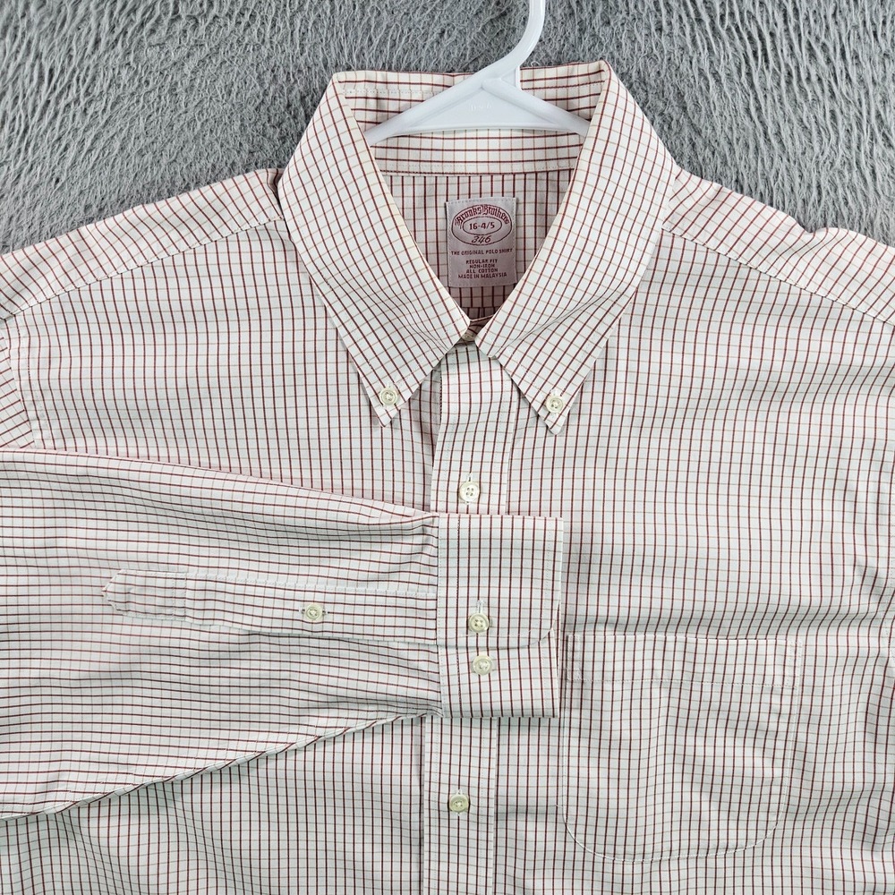 Brooks Brothers Dress Shirt Men 16 4/5 Button‎ Up Long Sleeve White Maroon